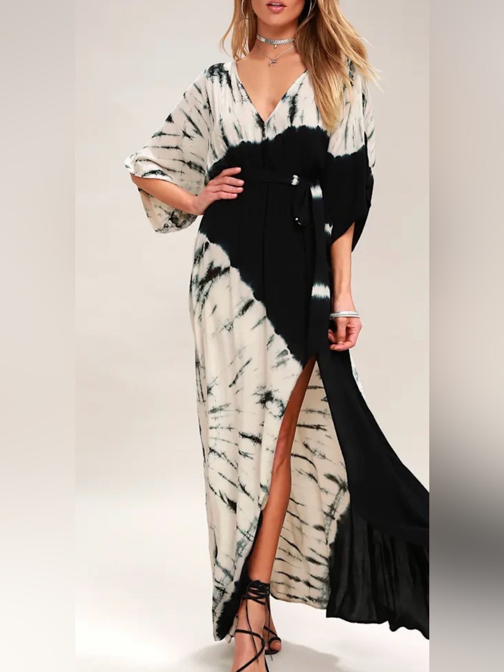 Lulu's Black & Cream Tie-Dye Wrap Maxi Dress - Picture 2 of 7
